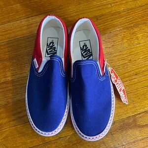 Vans Classic Slip-On sneakers in a red and blue colorway.  M5/W6.5